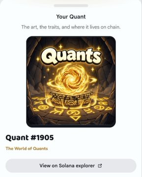 A mobile screenshot titled 'Your Quant' displays 'Quants' artwork and details for 'Quant #1905', titled 'The World of Quants', with a link to view it on the Solana explorer.