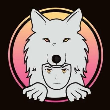 A stylized logo of a white wolf wearing a wolf-head hood, set against a pink and orange gradient circle on a dark background.