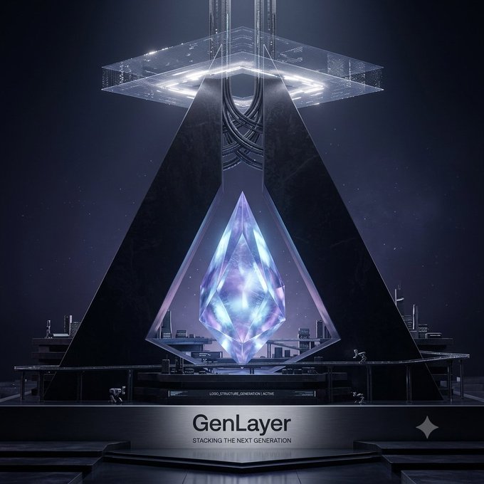 GenLayer promotional artwork featuring a futuristic pyramid structure with a glowing blue-purple crystalline shard at its center, captioned 'GenLayer - STACKING THE NEXT GENERATION' with 'LOGIC_STRUCTURE_GENERATION_ACTIVE' visible on a display.