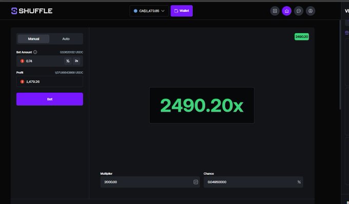 The image shows a Shuffle.com betting interface displaying a massive 2490.20x multiplier win, with the user betting 0.74 USDC (1,479.26 USD total) and winning 12,711.90654393 USDC. This relates directly to the post by showcasing the lucky first-try bet that earned the user an enormous payout shortly after claiming their affiliate rakeback.