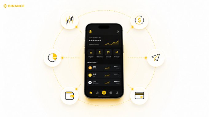 The image shows a Binance smartphone app interface displaying a cryptocurrency portfolio with BTC, BNB, and ETH holdings, surrounded by icons representing various features like a wallet, dollar sign, pie chart, paper airplane, and card. This visually reinforces the post's claim that Binance functions as an all-in-one financial super app, showcasing how users can manage trading, saving, and payments within a single platform.