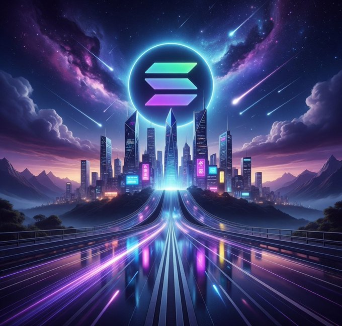 A vibrant digital artwork featuring the glowing Solana (SOL) logo hovering above a futuristic neon-lit city at night, with shooting stars in the purple sky and light trails on the roads leading toward the city.