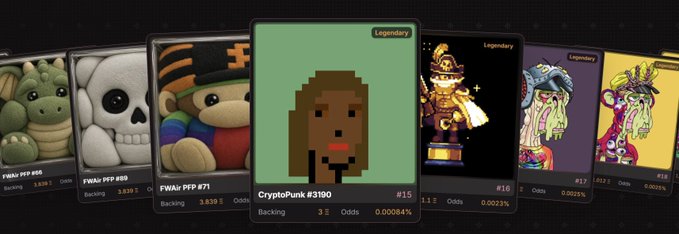 A screenshot of a digital collectible or betting interface showing various CryptoPunk-style NFTs and other items, with 'CryptoPunk #3190' highlighted in green with '3 E' backing.