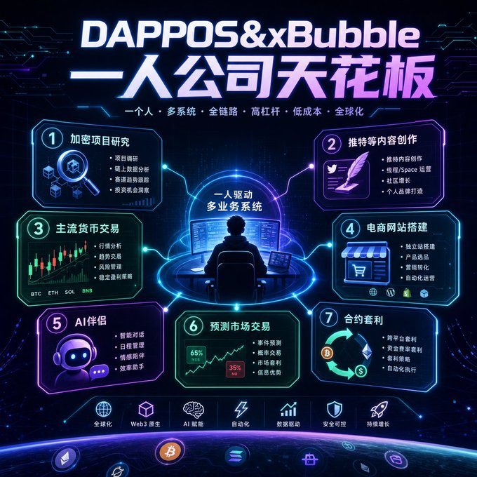 The image is an infographic titled "DAPPOS&xBubble 一人公司天花板" (One-Person Company Ceiling) that visually outlines seven standardized workflows (SOPs) for solo entrepreneurs, including crypto project research, content creation (Twitter), mainstream crypto trading (BTC, ETH, SOL, BNB), e-commerce site building, AI companionship, prediction market trading, and contract arbitrage—matching the post's description of dappOS's AI tool xBubble's productivity-boosting SOPs for "one-person companies."
