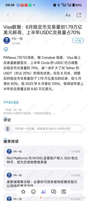 A screenshot of a Chinese-language PANews article titled "Visa数据：6月稳定币交易量达1.179万亿美元新高，上半年USDC交易量占70%" (Visa data: June stablecoin transaction volume reached new high of $1.179 trillion, USDC accounted for 70% in first half), reporting that USDC's adjustment-adjusted stablecoin transaction share grew to 70% in the first half of the year, up from Tether's leading 25% lead. The article supports the post's claim that USDC's faster growth and dominant 70% usage share point toward its eventual market leadership.