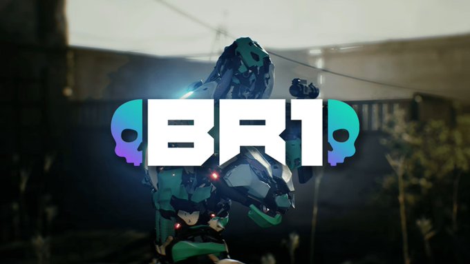 Branding banner for 'BR1' featuring a teal robotic/mech character in a dark, atmospheric setting with skull logos flanking the text.