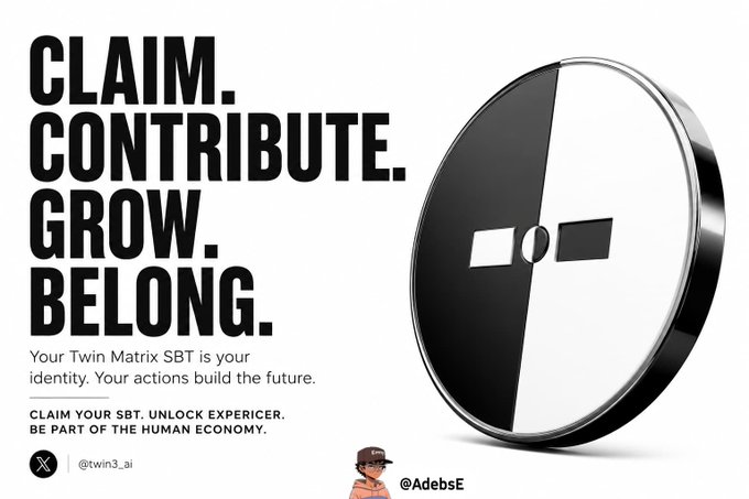 The image features a black and white coin with a white center that says " CLAIM. CONTRIBUTE. GROW. BELONG." The coin has a claim, contribute, grow, and belong text written around its edges. Below this, there is an illustration of a coin with the words "Twin Matrix" and "SBT" on it. This coin serves as a visual representation of the claim, contribution, growth, and belonging aspects of the Twin Matrix Soulbound token.