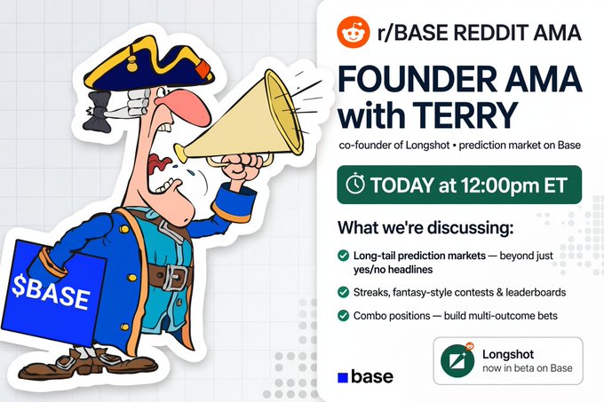 A promotional graphic for a r/BASE REDDIT AMA with FOUNDER TERRY, co-founder of Longshot, featuring a cartoon character with a megaphone and listing topics like prediction markets, streaks, and combo positions.