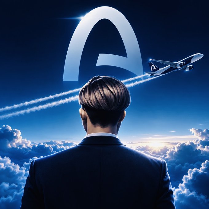 A digital artwork showing a man in a dark suit viewed from behind, looking up at a glowing letter 'A' logo in the sky with an airplane flying past it through the clouds.