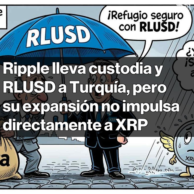 A cartoon illustration of a man holding a blue umbrella labeled 'RLUSD' sheltering a sweating XRP coin character, with Spanish text translating to 'Ripple brings custody and RLUSD to Turkey, but its expansion doesn't directly boost XRP.'
