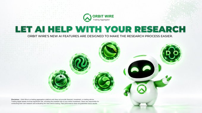 An Orbit Wire 'Trading Aggregator' promotional graphic with the text 'LET AI HELP WITH YOUR RESEARCH' featuring a friendly green and white robot mascot.