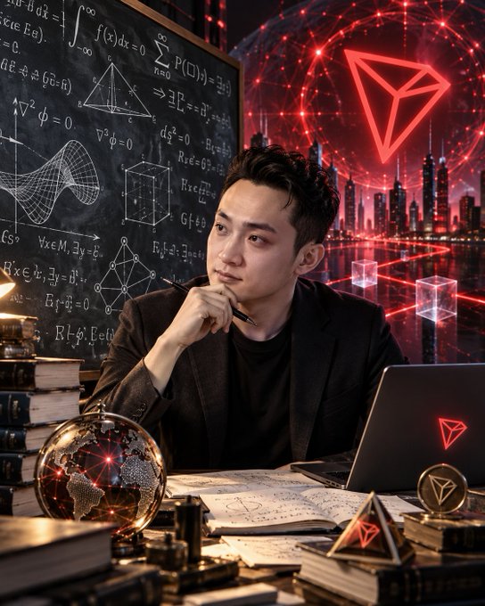 A digital illustration of a young man sitting thoughtfully at a desk with a laptop, a globe, and books, with a chalkboard of mathematical equations behind him and a red Tron logo in the background.