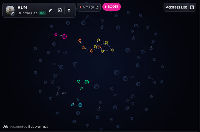 A digital interface labeled 'BUN' / 'Bundle Cat' showing a node/cluster graph visualization on a dark background with a 'BOOST' button, powered by Bubblemaps.
