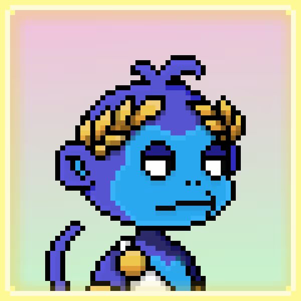 A pixel-art illustration of a blue-skinned character with purple hair, a golden laurel wreath, and a mischievous smile against a soft gradient background.
