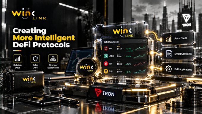 A promotional graphic for WinLink DeFi protocol on TRON, advertising 'Creating More Intelligent DeFi Protocols' with DeFi data feeds and smart contracts.