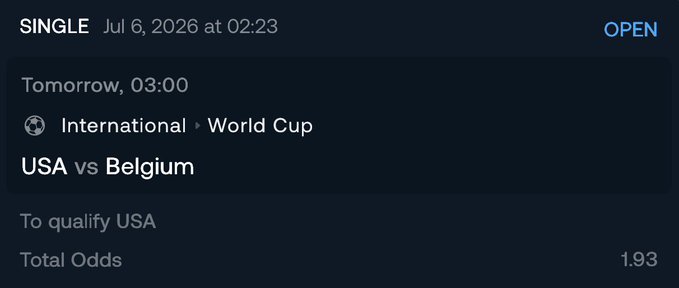 A betting slip for a SINGLE wager dated Jul 6, 2026, shows a USA vs Belgium World Cup soccer match with odds of 1.93 to qualify USA.