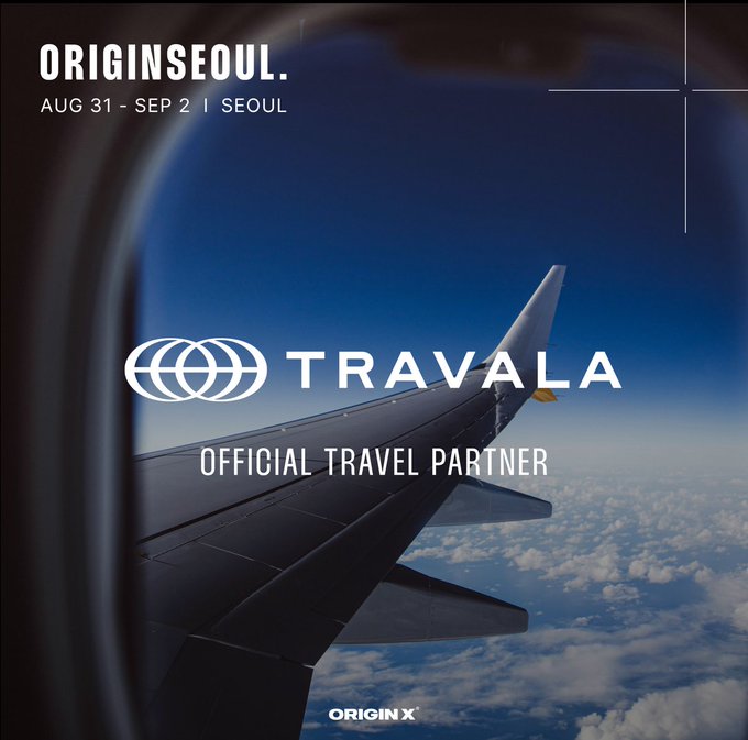 Promotional graphic for 'ORIGINSEOUL' (AUG 31 - SEP 2 | SEOUL) featuring an airplane wing view through a window, with 'TRAVALA - OFFICIAL TRAVEL PARTNER' branding.