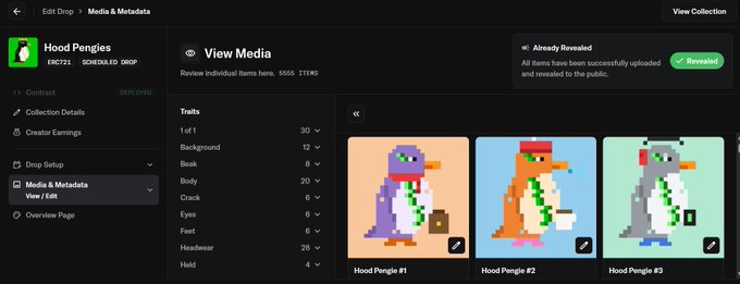 The image shows a "View Media" page for the "Hood Pengies" NFT collection (ERC721, Scheduled Drop) on opensea.io, featuring three pixel-art penguin characters labeled "Hood Pengie #1," "Hood Pengie #2," and "Hood Pengie #3," with a notification that all items have been successfully revealed to the public. The page ties into the post's announcement of the live reveal, showcasing the newly unveiled traits like backgrounds, beaks, bodies, and eyes alongside the "Revival" confirmation green button.