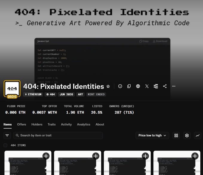In the image, there are two screens with text on them. One screen displays a list of items with prices (in dollars), while the other shows a computer screen displaying various elements related to " 404" or a webpage. The text includes a header that reads " 404: Pixilated Identities", and another one that says "Genetic Art Powered by Algorithmic Code". Both screens are placed side by side, creating a comparison between the different aspects of this webpage.