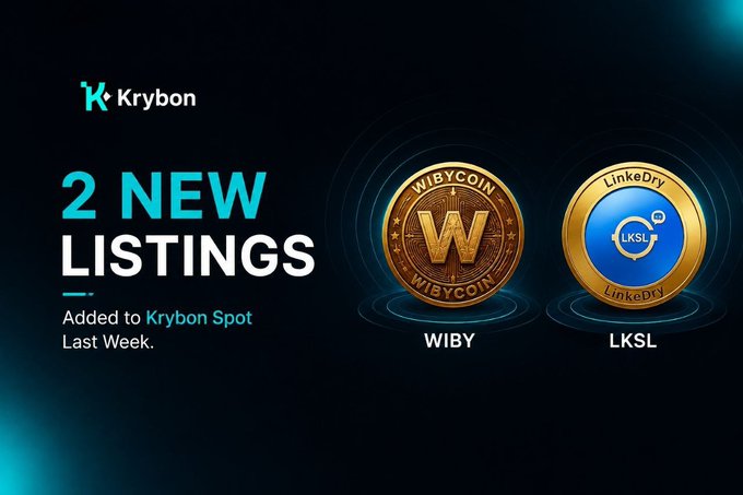 A promotional graphic from "Krybon" announcing "2 NEW LISTINGS" on Krybon Spot last week, displaying gold and blue coins for "WIBY" (WIBYCOIN) and "LKSL" (LinkeDry).