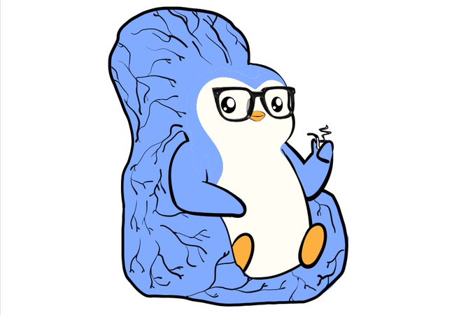 A cartoon drawing of the Discord mascot, a blue and white penguin-like creature wearing glasses, sitting down and gesturing with its flipper.