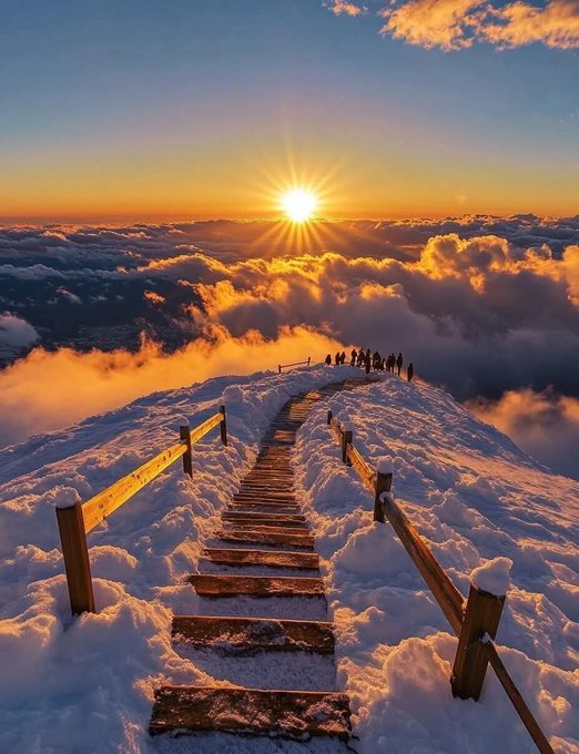 The image shows a snowy mountain top with a wooden staircase leading up to the peak, surrounded by snow-covered trees. A group of people can be seen walking along the stairs towards the sunlit sky. The scene appears to be set during sunrise or sunset, creating a serene and picturesque atmosphere.