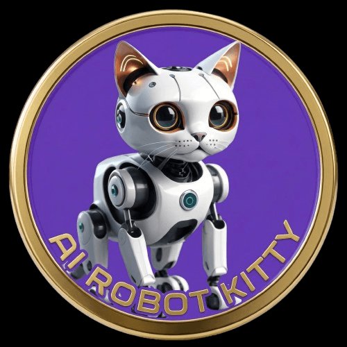 A circular emblem or coin featuring a white robotic cat with large eyes on a purple background, with the text "AI ROBOT KITTY" curving along the bottom.