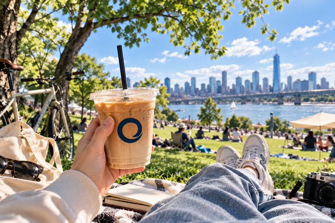 A first-person view shows someone holding an iced coffee in a clear plastic cup, relaxing in a park with a city skyline and bridge visible across the water in the background.