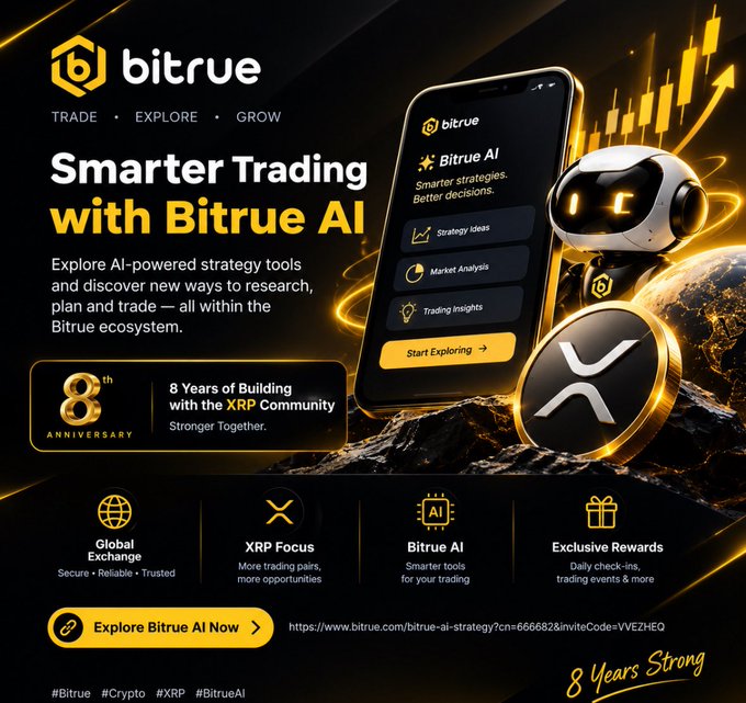 Bitrue crypto exchange promotional graphic featuring 'Smarter Trading with Bitrue AI,' highlighting their 8th anniversary, XRP community focus, Bitrue AI features, and exclusive rewards with an invitation link.
