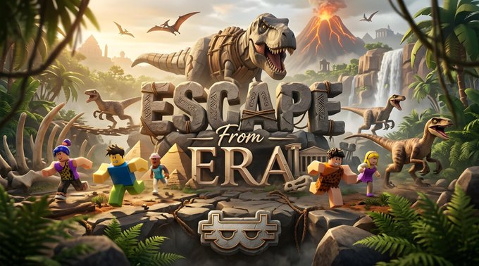 The image features a group of people standing around an ancient stone structure, which appears to be a temple or monument from the era of dinosaurs. The scene includes various dinosaur-like creatures such as T-Rexes, Velociraptors, and other prehistoric animals. The backdrop is a lush green forest with palm trees, adding to the overall atmosphere of the image. The post also mentions that there are two characters in the game named "Bite" and "Bite2", which could be related to the theme or gameplay mechanics of the game.