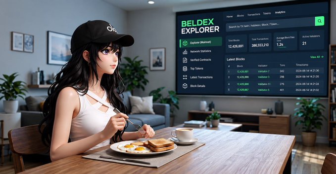 An anime-style woman wearing a black cap and white top sits at a table eating breakfast, with a 'BELDEX EXPLORER' blockchain dashboard displayed in the background showing network statistics.