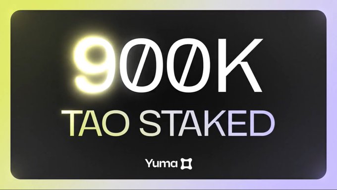 The image displays bold text reading "900K TAO STAKED" with the Yuma logo at the bottom, celebrating a staking milestone. The graphic visually reinforces the post's announcement that nearly 1 million TAO is now staked with Yuma, highlighting the growing trust in the validator's active network participation.