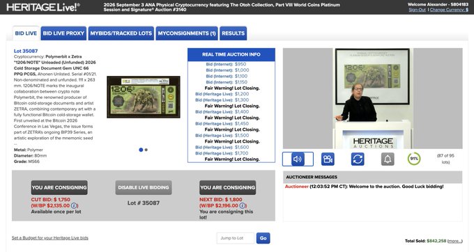 Heritage Live auction interface for the 2026 ANA Physical Cryptocurrency auction featuring Lot 35087, a Polymer X Zeta 1206/NOTE from Unfunded 2026 Gold Storage, currently at a bid of $1,750 with auctioneer T. Dustin Garnett.
