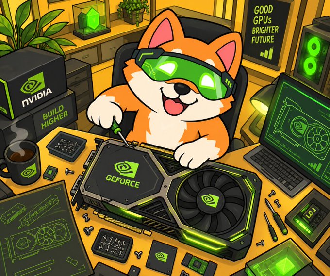 A cartoon Shiba Inu dog wearing green NVIDIA goggles assembles a GeForce GPU on a workbench surrounded by NVIDIA-branded boxes, tools, and a poster reading "GOOD GPUs BRIGHTER FUTURE," visually celebrating NVDA's role in building tech rewards.