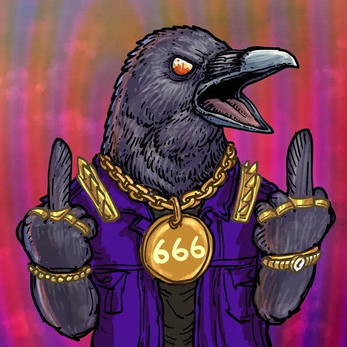 An anthropomorphic black crow wearing a purple jacket and gold jewelry, including a prominent medallion with "666" inscribed, gives two middle fingers while displayed against a vibrant pink and orange background. The illustration appears to be an NFT artwork promoting a crypto collectible mint, with the rebellious crow imagery matching the community's boast about their successful NFT sell-out.