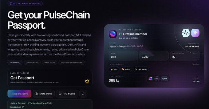 A webpage screenshot promoting a 'PulseChain Passport' NFT, showing a 'Lifetime member' diamond edition profile with ranks, scores, achievements, and 385 tx on-chain activity for address '0xec...0e56'.