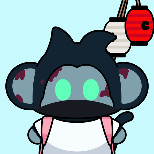 A digital illustration features a dark-furred monkey-like character with glowing green eyes, red markings on its face and ears, and a pink strap, with red and white Japanese lanterns hanging in the background.