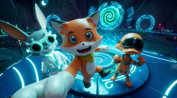 Three animated characters—a white rabbit-like figure, an orange fox-like character, and a yellow figure with a helmet—pose in a neon-lit futuristic setting.