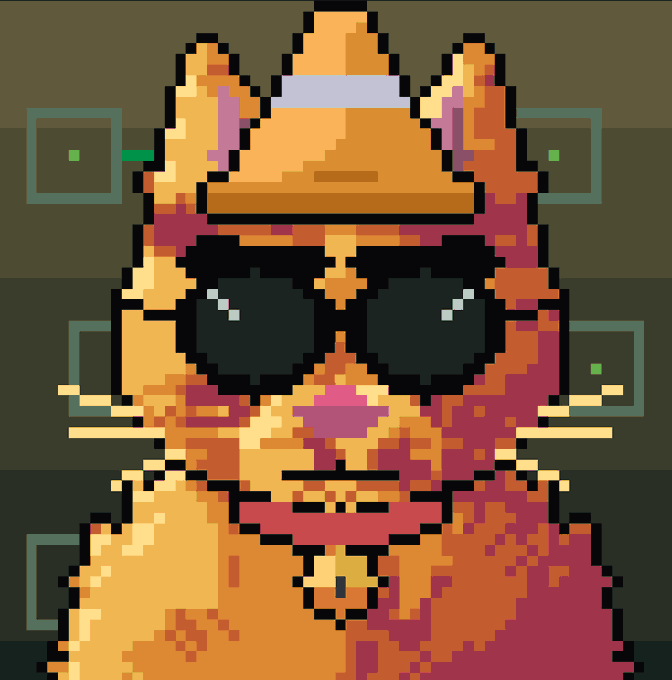 A pixel art illustration of an orange cat wearing dark sunglasses and a bandage on its head, with whiskers and a small bell on a red collar.