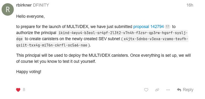The image shows a post from user "rbirkner" on the DFINITY forum announcing the submission of proposal 142794 to authorize a principal for creating canisters on a SEV subnet (x4jtx-5dnbo-v3exa-vzamo-teufh-qsi1t-txx4g-ml76n-ckrfl-oc5a6-nae) in preparation for the MULTI/DEX launch. The post relates to the question about MULTI/DEX's viability by showing that infrastructure deployment has just begun, so low volume would still be expected at this early stage.