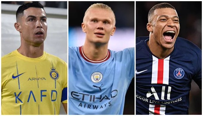A composite photograph showing three soccer players: Cristiano Ronaldo in a yellow 'AROYA KAFD' jersey, Erling Haaland in a light blue 'ETIHAD AIRWAYS' Manchester City jersey, and Kylian Mbappé in a dark blue PSG jersey with 'All' sponsor.