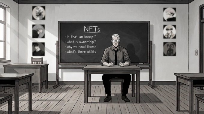 A black and white illustration of a teacher sitting at a desk in a classroom with a chalkboard labeled 'NFTs' listing questions like 'is that an image?', 'what is ownership', 'why we need them?', and 'what's there utility'.