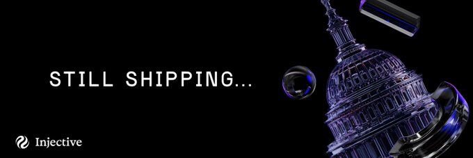 A promotional graphic with a black background showing the text 'STILL SHIPPING...' and the 'Injective' logo, alongside a stylized 3D illustration of the U.S. Capitol dome.