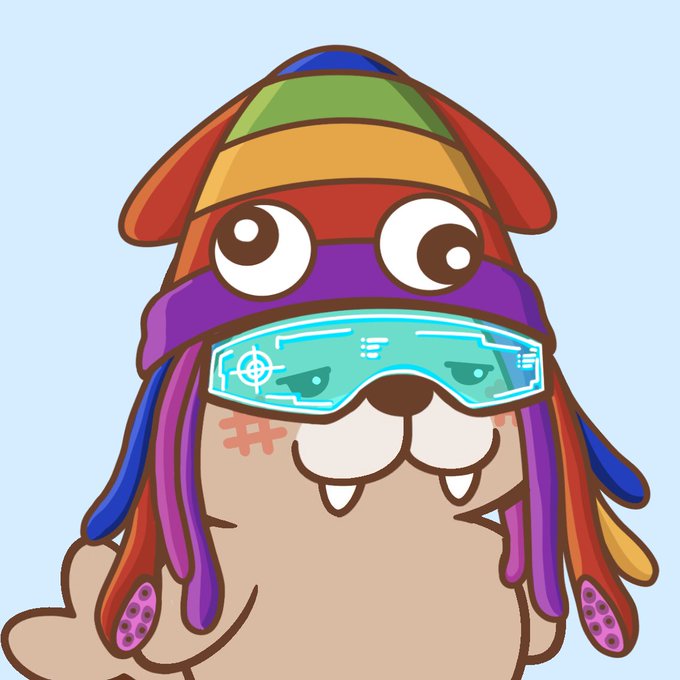 A cartoon illustration of a pug dog wearing a colorful striped hat and glowing cyan futuristic visor goggles, set against a light blue background.