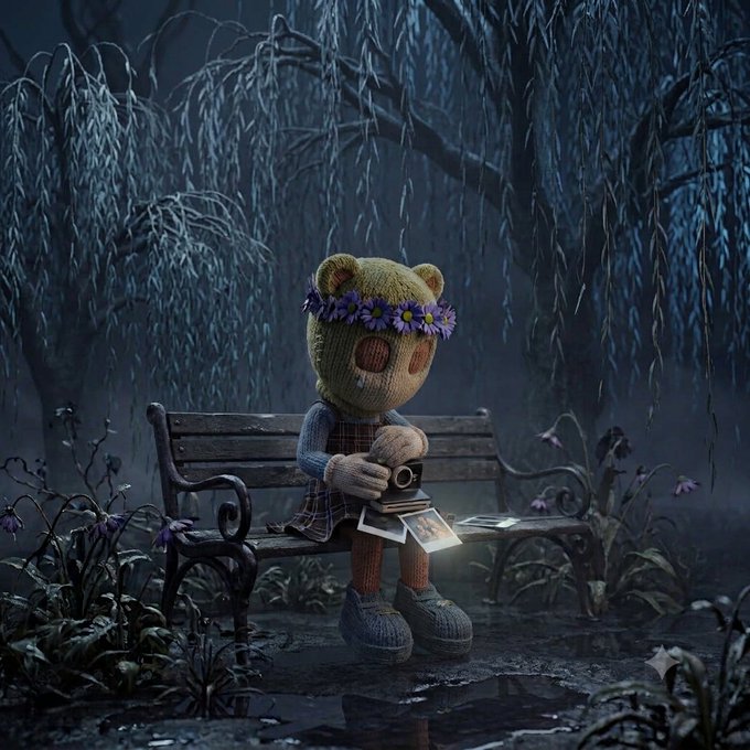 A digital artwork depicting a sad, knitted bear character wearing a flower crown and overalls, sitting on a park bench holding an old camera in a dark, moody forest setting.