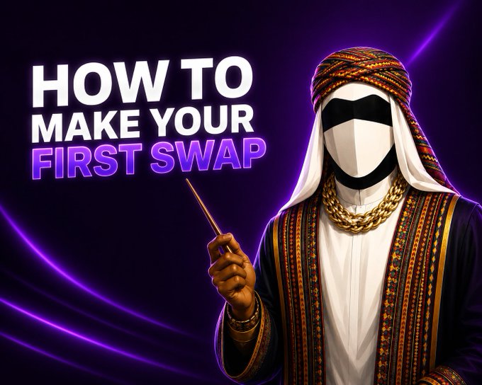 A YouTube thumbnail-style graphic features a figure in traditional Arab clothing holding a pointer, with the text 'HOW TO MAKE YOUR FIRST SWAP' on a purple background.