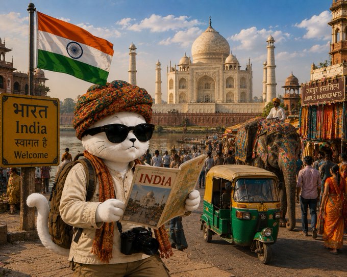 The image features a cat wearing sunglasses, holding a map of India, standing next to an Indian flag with the words "India" written on it. The background shows people walking around and various vehicles like cars and elephants. There are also other signs in the scene that read "Bristat India".