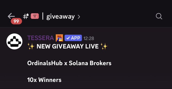 A Telegram-style giveaway announcement from TESSERA for “OrdinalsHub x Solana Brokers” shows 10 winners, with 99 notifications and a “NEW GIVEAWAY LIVE ✨” message. It reinforces the accompanying post: the raffle is live, so don’t forget to join.