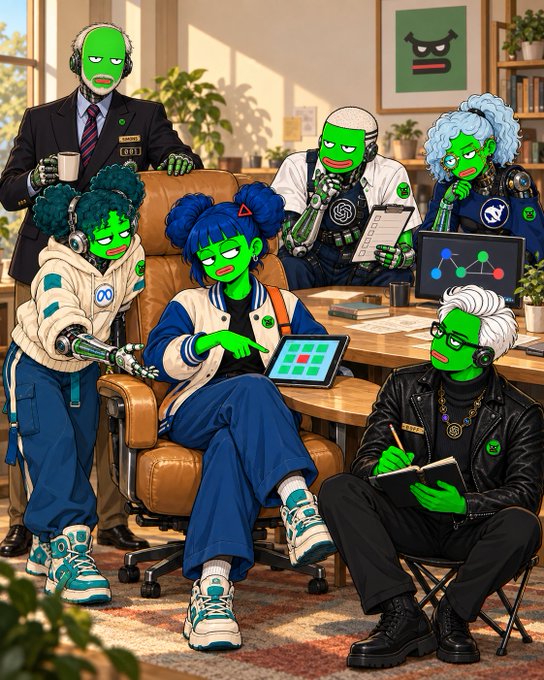 An illustration of a green-skinned alien team working in an office setting, with members using various devices including tablets and laptops, featuring a devil mascot logo on the wall.