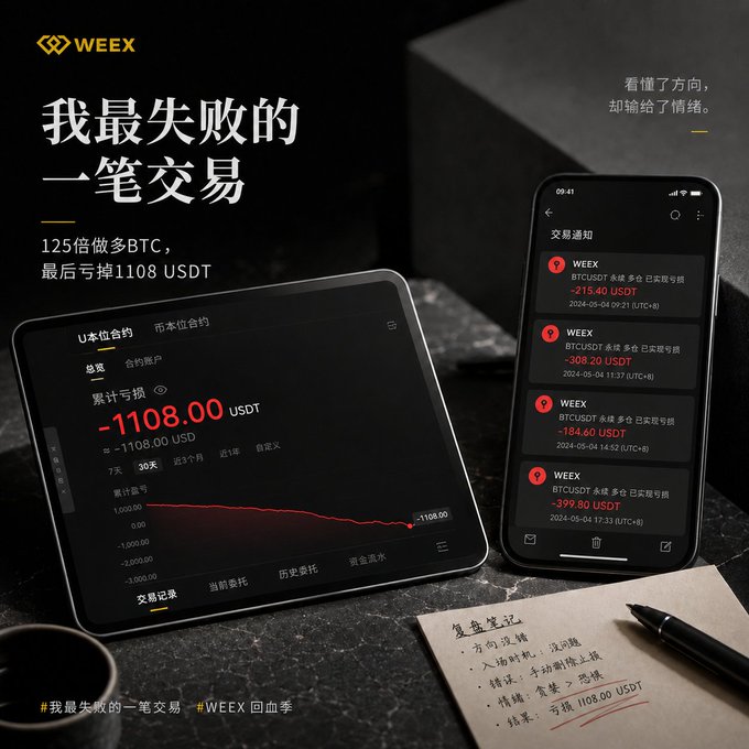 A promotional WEEX ad showing a tablet and smartphone displaying a trader's BTC loss of -1108.00 USDT from a 125x long position, alongside a handwritten "复盘笔记" (review notes) summarizing the mistake of deleting a stop-loss out of FOMO fear.